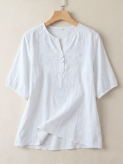 Solid Color Embroidered Buttoned Loose Half Sleeves Round-neck Blouses&shirts Tops