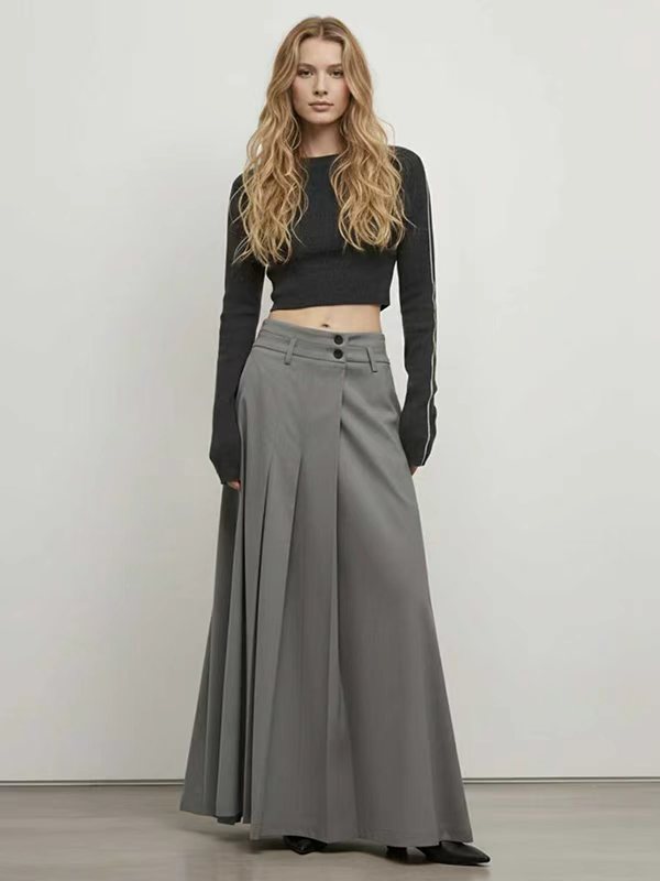 A-Line High Waisted Big Hemline Buttoned Pleated Solid Color Skirts Bottoms