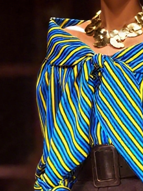 Puff Sleeves Bowknot Split-Joint Striped Lapel Blouses