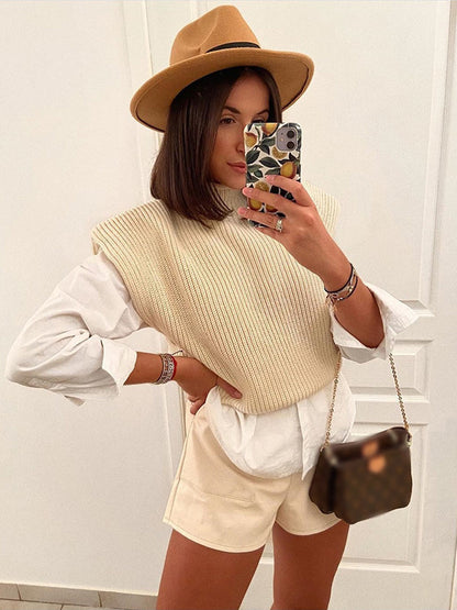 Casual Cap Sleeve Solid Color High-Neck Sweater Tops Pullovers