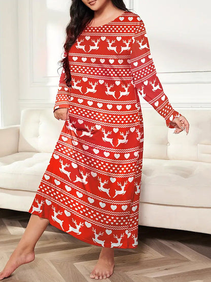 Long Sleeves Loose Animal Prints Printed Round-Neck Maxi Dresses Pajamas