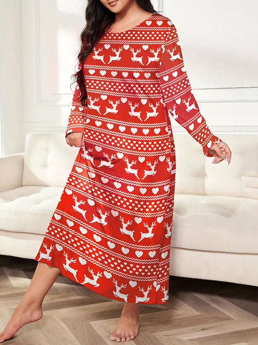 Long Sleeves Loose Animal Prints Printed Round-Neck Maxi Dresses Pajamas