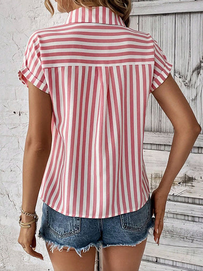 Loose Short Sleeves Contrast Color Split-Joint Striped Patterns Lapel Blouses&Shirts Tops