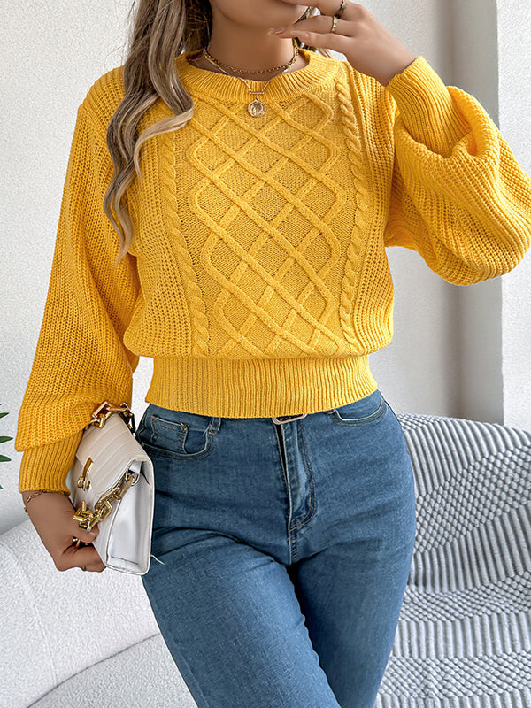 Elasticated Waist Long Sleeves Cable Knit Solid Color Round-Neck Knit Top Sweater Tops