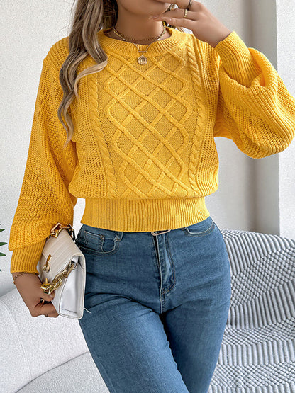 Elasticated Waist Long Sleeves Cable Knit Solid Color Round-Neck Knit Top Sweater Tops