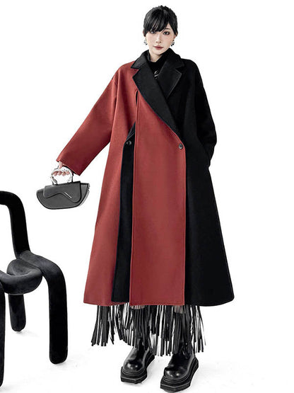 Irregularity Long Sleeves Buttoned Contrast Color Double-Breasted Split-Joint Tasseled Notched Collar Outerwear Overcoat
