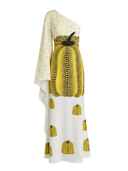 Long Sleeves Loose Asymmetric Printed One-Shoulder Maxi Dresses