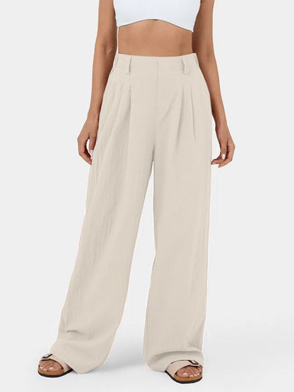 Loose Wide Leg Pleated Solid Color Split-Joint Pants Trousers KHAKI