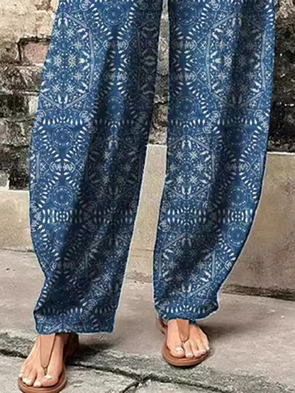 High Waisted Loose Elasticity Printed Split-Joint Pants Trousers
