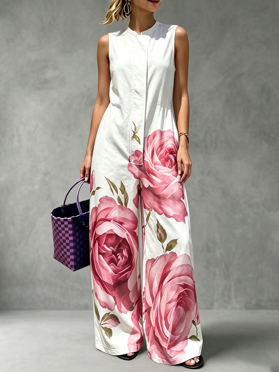 High Waisted Loose Flower Print Pleated Pockets Round-Neck Jumpsuits