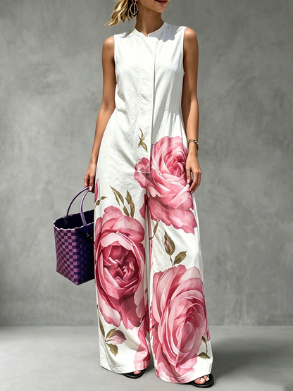 High Waisted Loose Flower Print Pleated Pockets Round-Neck Jumpsuits