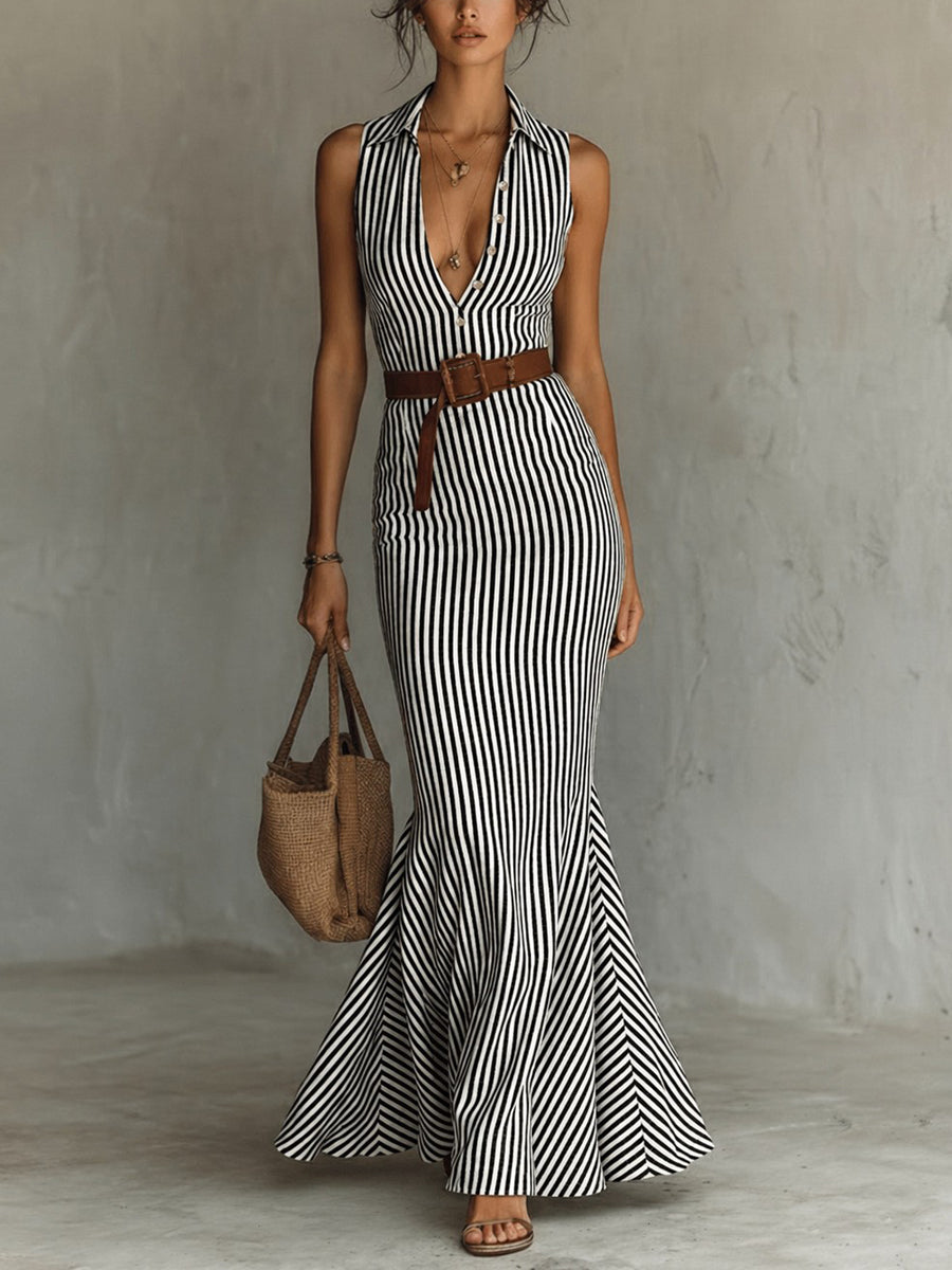 Bodycon Mermaid Belted Striped Deep V-Neck Maxi Dresses