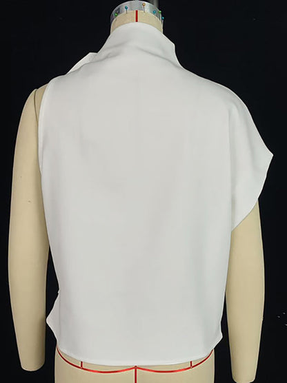 Loose Sleeveless Asymmetric Flower Print Mock Neck Vest Top