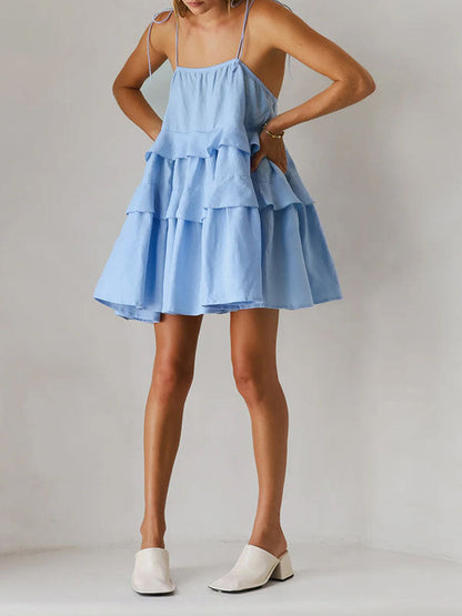 Mini-robes taille haute amples, dos nu, plissées, superposées, couleur unie, nouées, col spaghetti 