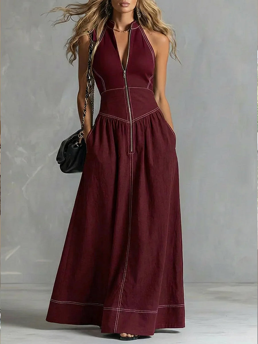 A-Line High Waisted Pleated Pockets Solid Color Zipper Stand Collar Maxi Dresses