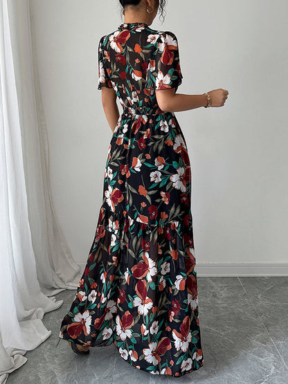 A-Line Loose Contrast Color Elasticity Flower Print Pleated V-Neck Maxi Dresses