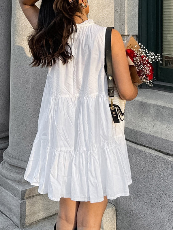 A-Line Loose Pleated Ruffled Solid Color Split-Joint Round-Neck Mini Dresses Shirt Dress