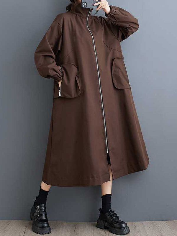 Long Sleeves Loose Elasticity Pockets Split-Joint Zipper High Neck Outerwear Trench Coats