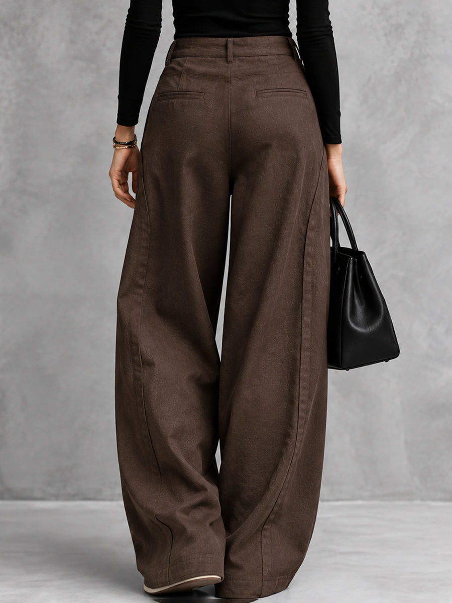 Zipper Split-Joint Solid Color Pockets Buttoned Wide Leg High Waisted Trousers Pants