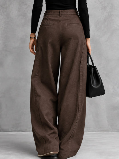 Zipper Split-Joint Solid Color Pockets Buttoned Wide Leg High Waisted Trousers Pants