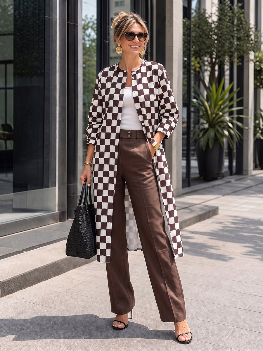 Plaid Contrast Color Buttoned Long Sleeves Round-neck Outerwear