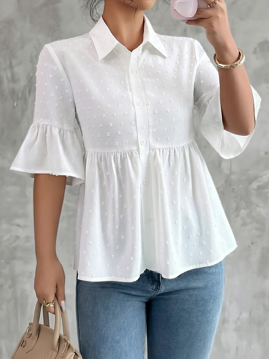 A-Line Flared Sleeves Buttoned Jacquard Pleated Solid Color Lapel Blouses&Shirts Tops