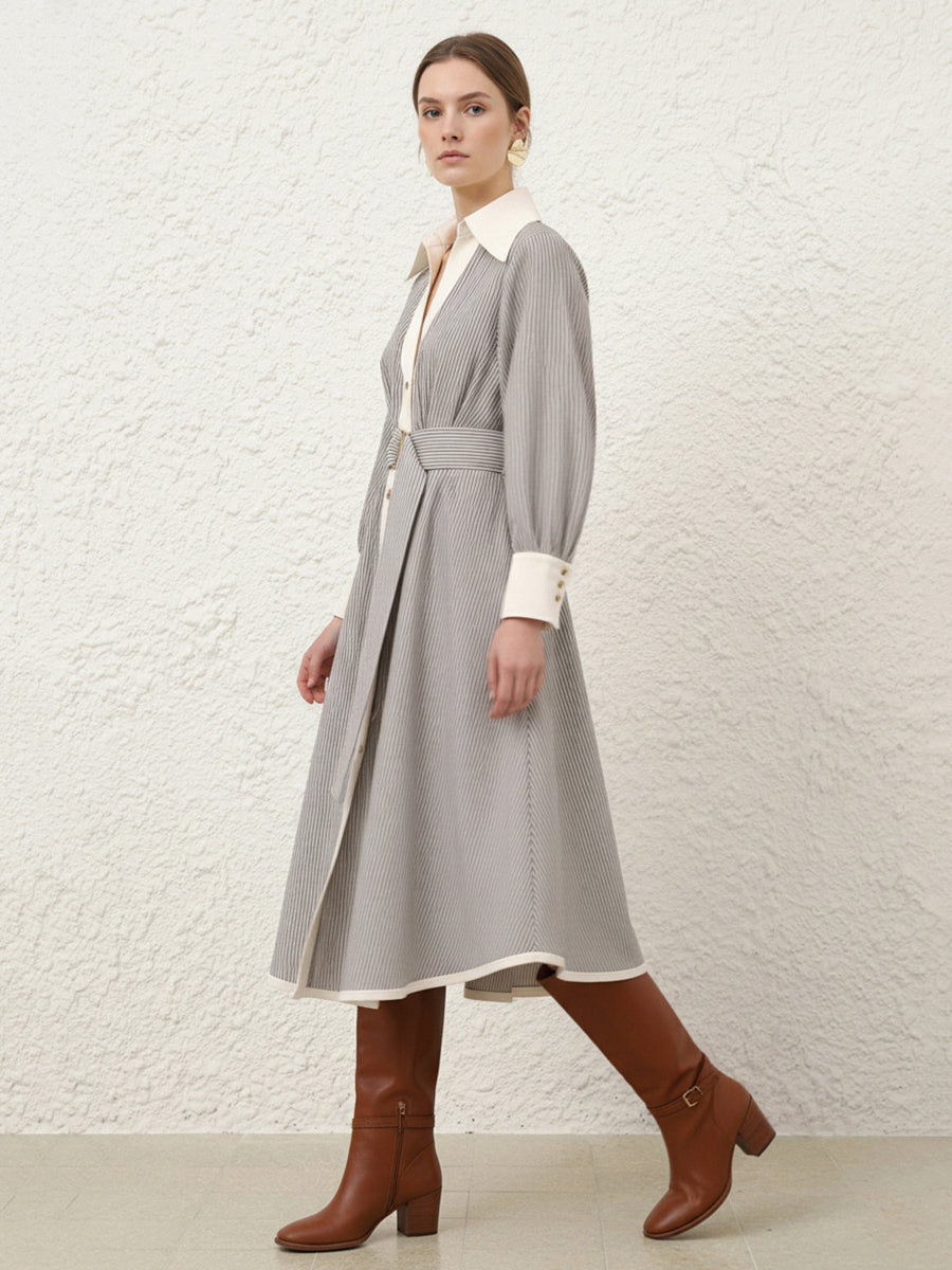 A-Line Elasticated Waist Belted Buttoned Contrast Color Split-Side Striped Lapel Midi Dresses