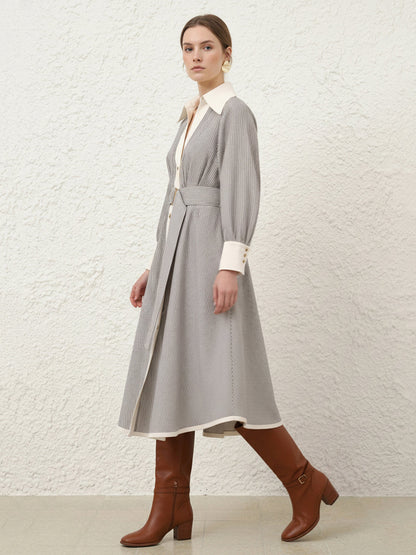 A-Line Elasticated Waist Belted Buttoned Contrast Color Split-Side Striped Lapel Midi Dresses