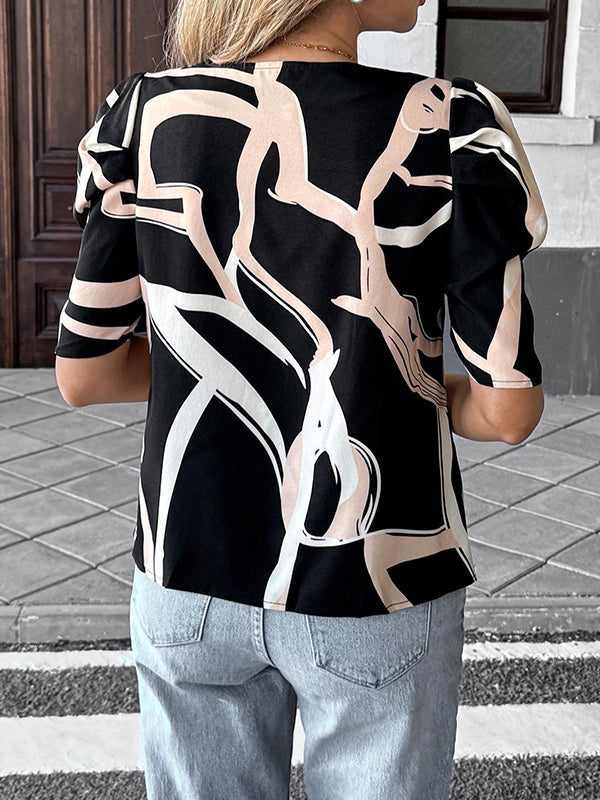 Half Sleeves Loose Contrast Color Pleated V-Neck Blouses&Shirts Tops