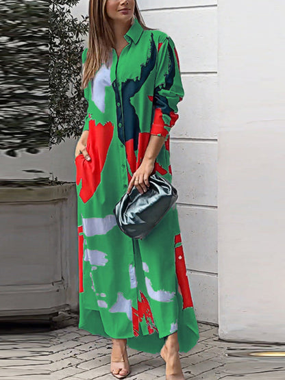 Printed Pockets Buttoned Loose Long Sleeves Lapel Shirt Dress Maxi Dresses