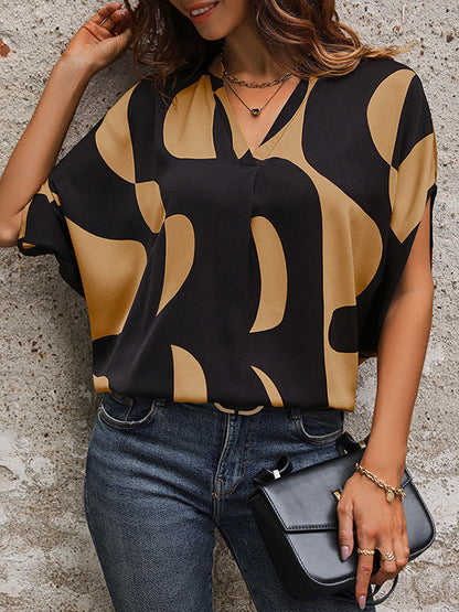 Batwing Sleeves Loose Printed Split-Joint V-Neck Blouses&Shirts Tops