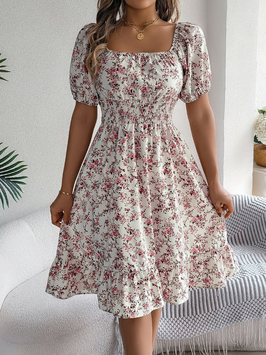 A-Line Short Sleeves Contrast Color Elasticity Flower Print Ruffle Trim Split-Joint Square-Neck Midi Dresses