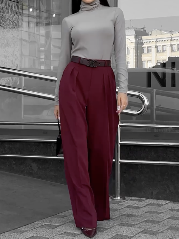 Pantalon de costume taille haute ample plissé de couleur unie à joint fendu 