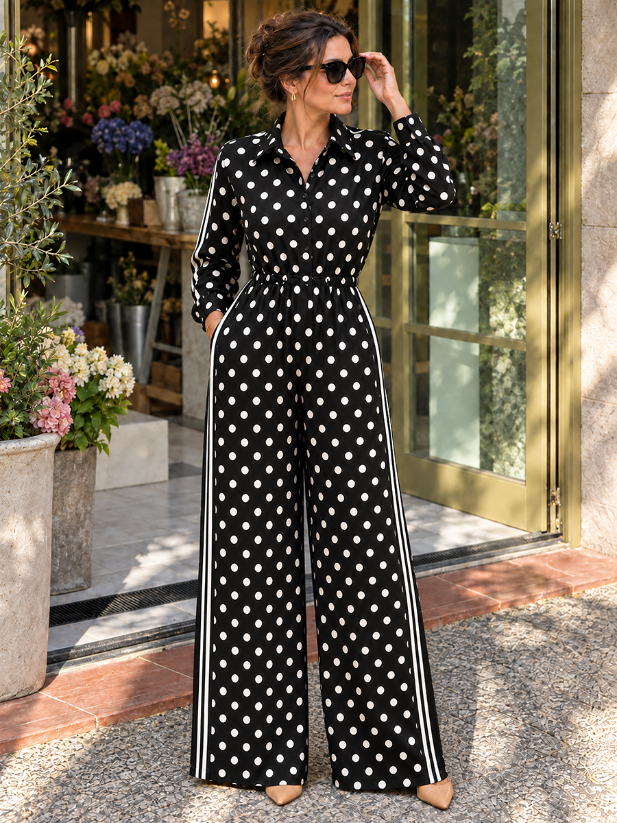 Striped Split-Joint Polka-Dot Pockets Contrast Color Buttoned Wide Leg Long Sleeves Lapel Jumpsuits