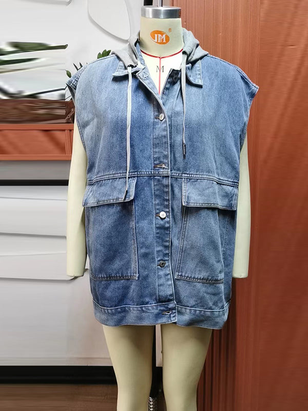 Gilet ample sans manches, boutonné, poches à capuche amovibles, col à revers fendu, vêtements d'extérieur 