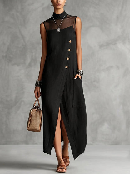 A-Line Sleeveless Asymmetric Buttoned Pockets See-Through Solid Color Mock Neck Maxi Dresses