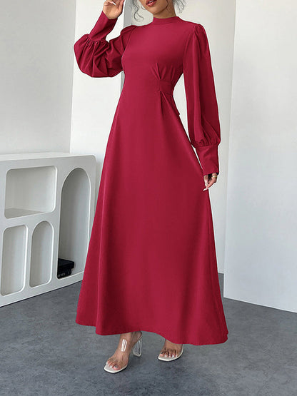 A-Line High Waisted Pleated Solid Color Tied Waist Mock Neck Maxi Dresses