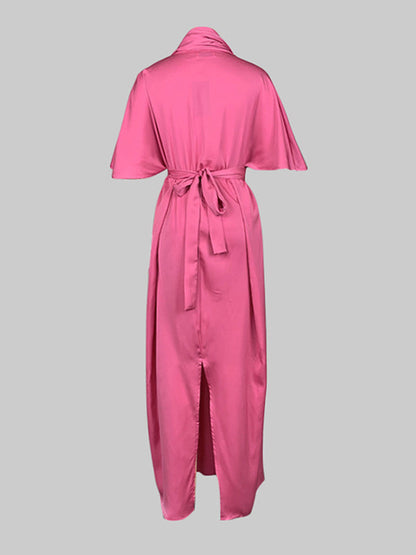 Loose Short Sleeves Asymmetric Pleated Solid Color Split-Joint V-Neck Maxi Dresses Shirt Dress