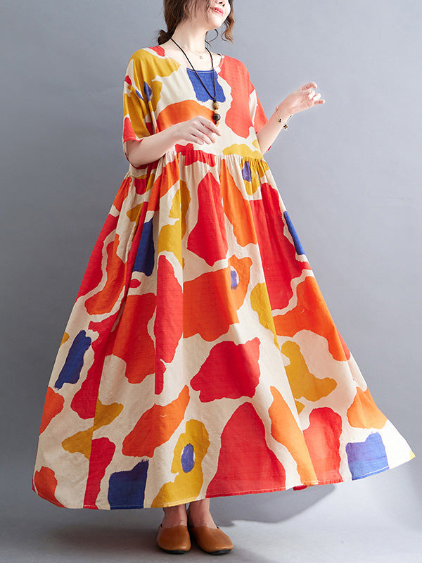 Künstlerische Retro-Kurzarm-Midikleider mit lockerem Kontrastfarbdruck und Rundhalsausschnitt 