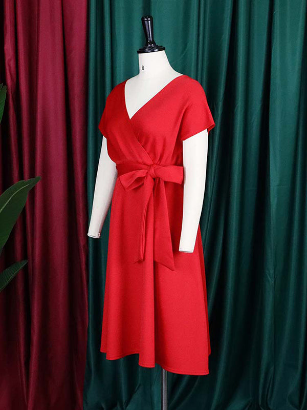 Einfarbige Midikleider mit Schleife und V-Ausschnitt 