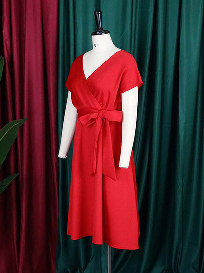 Einfarbige Midikleider mit Schleife und V-Ausschnitt 