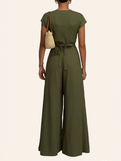 High Waisted Short Sleeves Pleated Pockets Solid Color Tied Waist V-Neck Jumpsuits