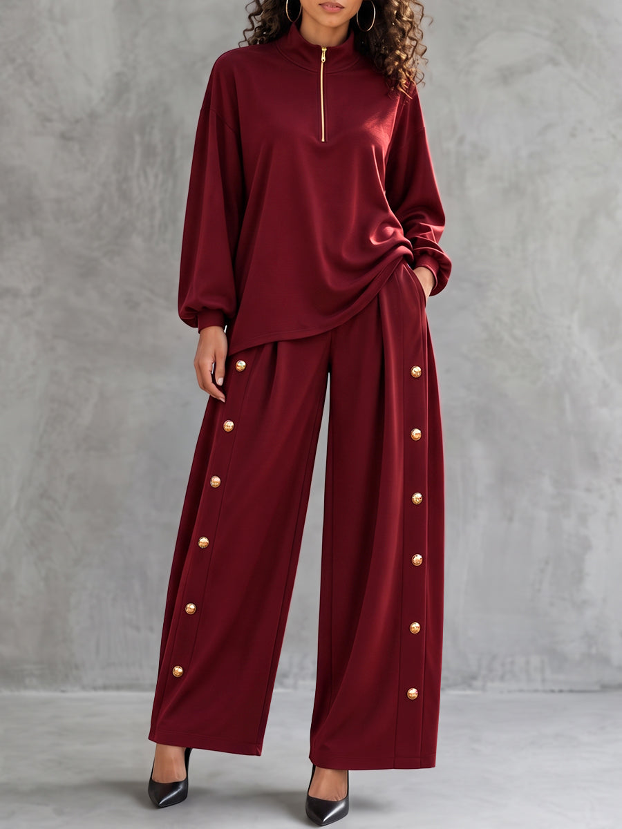 Zipper Solid Color Loose Long Sleeves Mock Neck Sweatshirt Tops