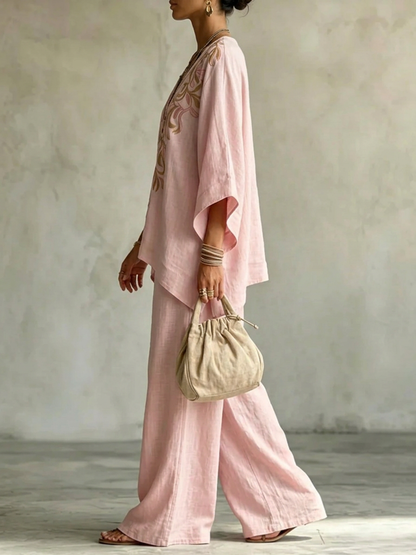 Batwing Sleeves High-Low Printed Solid Color Deep V-Neck Blouses&Shirts Tops Pants Trousers Two Pieces Set