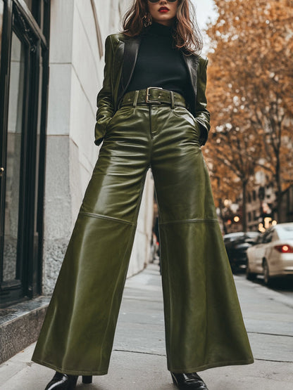 High Waisted Wide Leg Belted Pockets Solid Color Split-Joint Pants Trousers