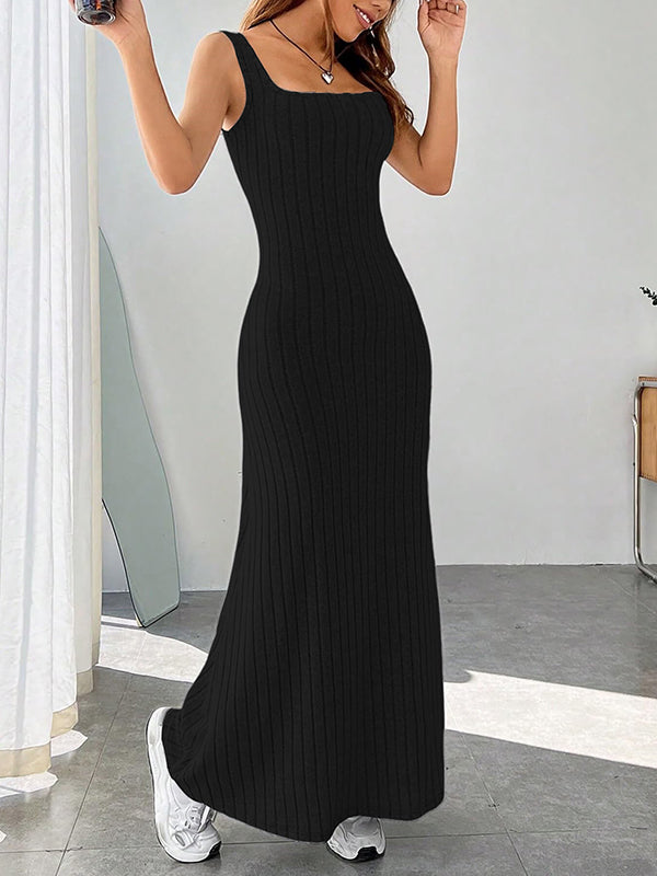A-Line Loose Solid Color Spaghetti-Neck Maxi Dresses