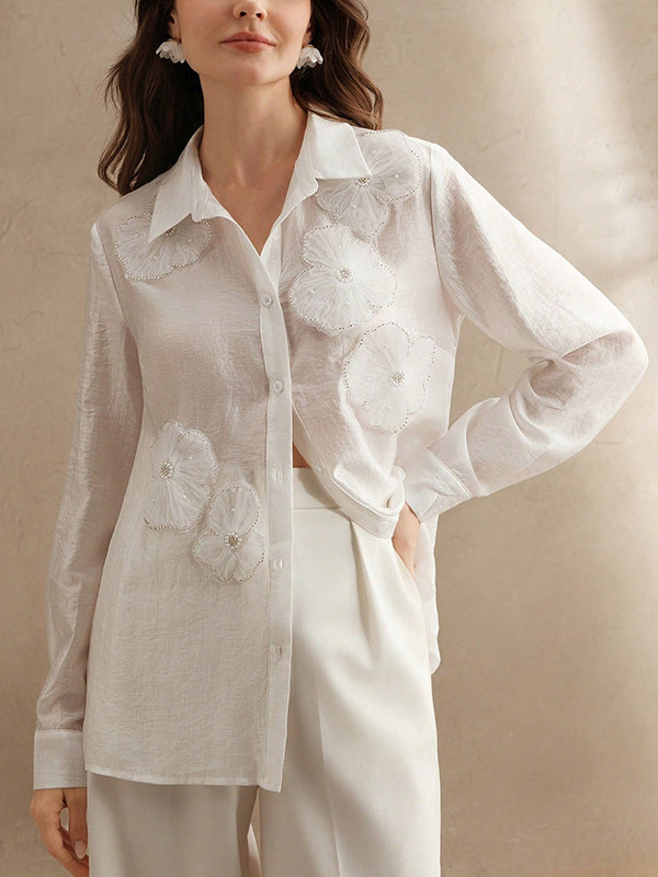 Long Sleeves Applique Split-Joint Lapel Blouses&Shirts Tops