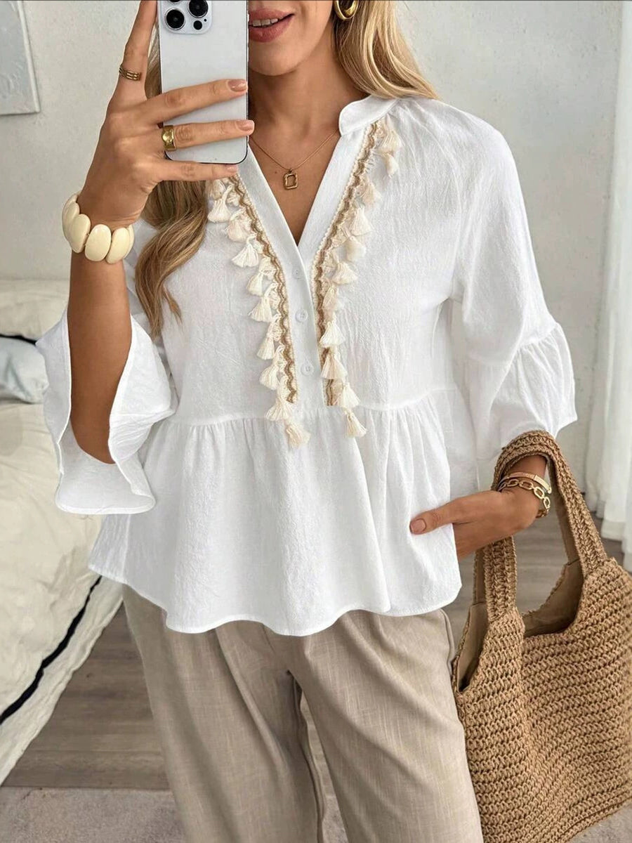 Tasseled Split-Joint Pleated Contrast Color Buttoned Loose Long Sleeves V-neck Blouses&shirts Tops