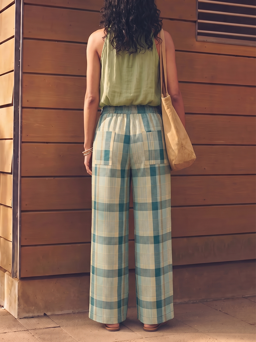 Pockets Plaid Contrast Color Wide Leg Loose Trousers Pants