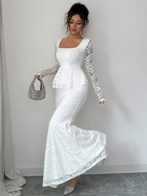 Bodycon Long Sleeves Flower Print Ruffled See-Through Solid Color Split-Joint Square-Neck Maxi Dresses